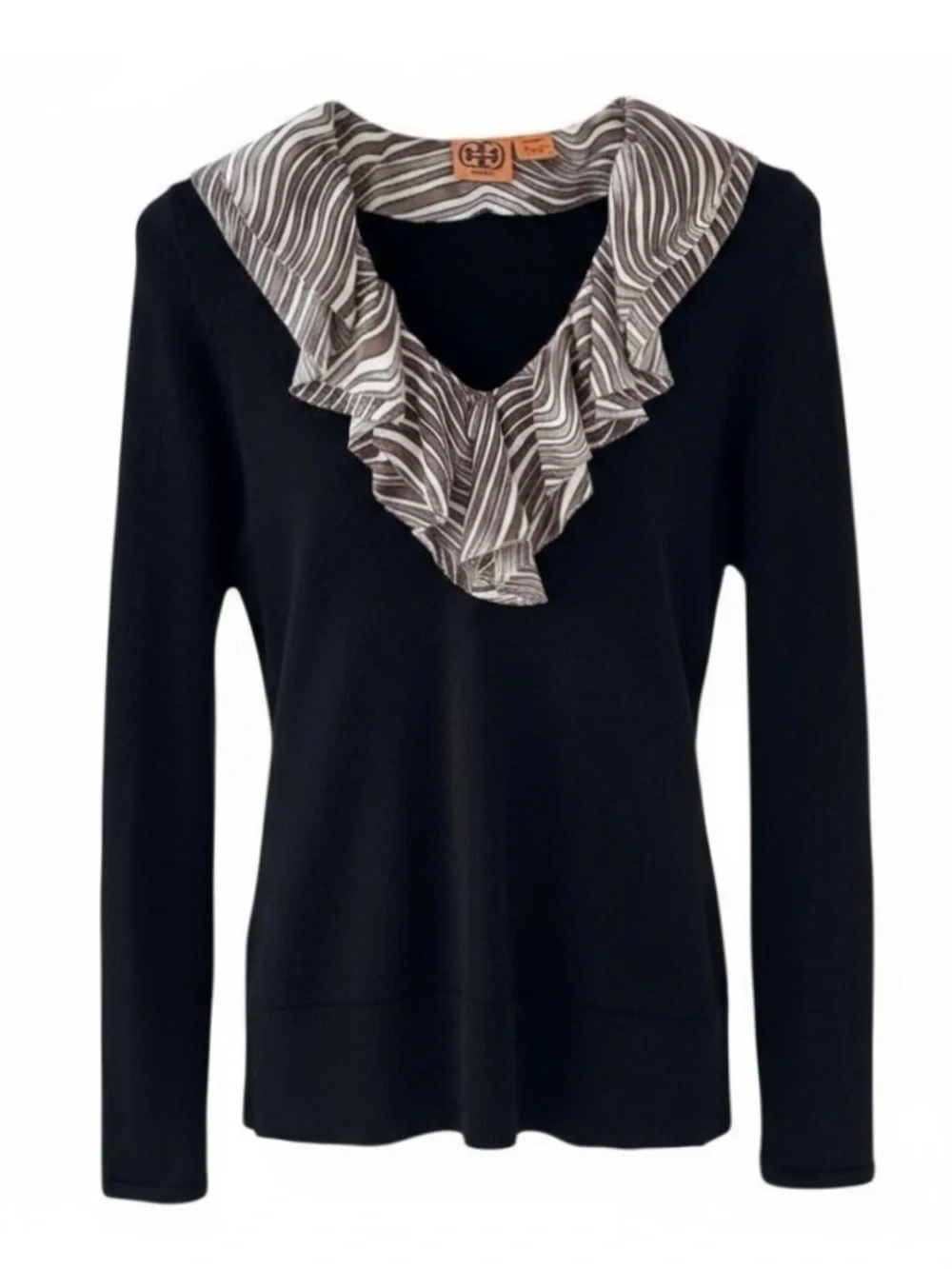 Tory Burch Black 3 in 1 V-Neck Wool Knit Sweater with Removable Collar & Cuffs